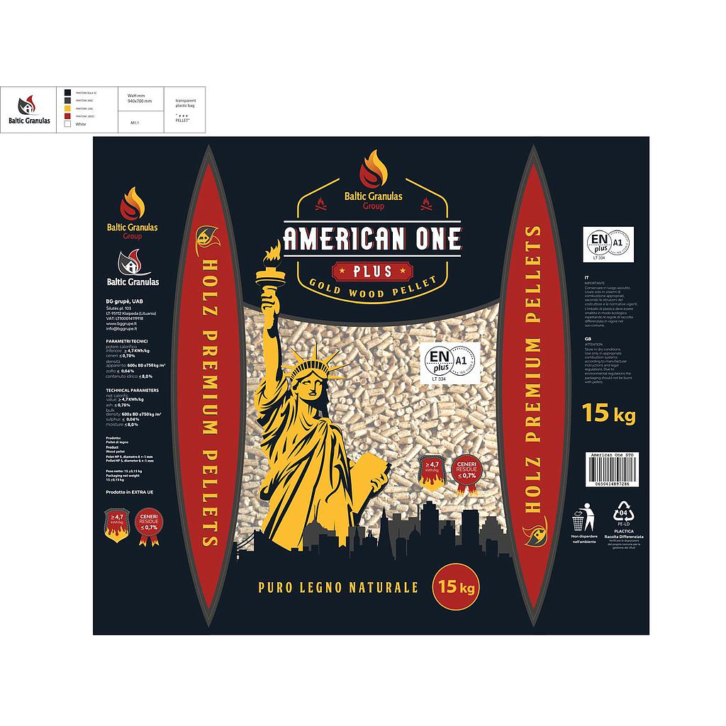 Wood pellets 15KG "American One PLUS" bag EN plus A1, EN plus ID No. LT 334, diameter 6mm, bag No. LT334:BD004