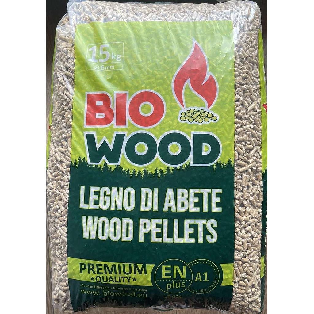 Wood pellets 15KG "Bio wood" bag, EN plus A1, EN plus ID No. LT 004, diameter 6mm